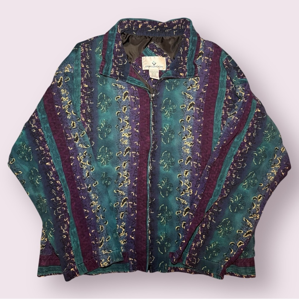 Vintage 80s 90s Grunge Silk Bomber Jacket with a Boho Abstract Print - Picture 2 of 10